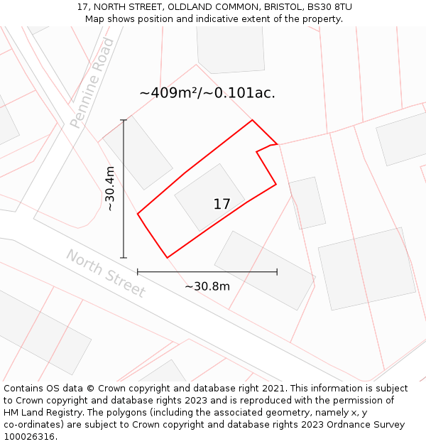 17, NORTH STREET, OLDLAND COMMON, BRISTOL, BS30 8TU: Plot and title map