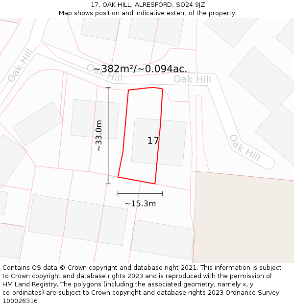 17, OAK HILL, ALRESFORD, SO24 9JZ: Plot and title map