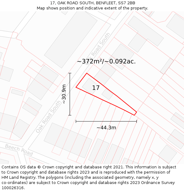 17, OAK ROAD SOUTH, BENFLEET, SS7 2BB: Plot and title map