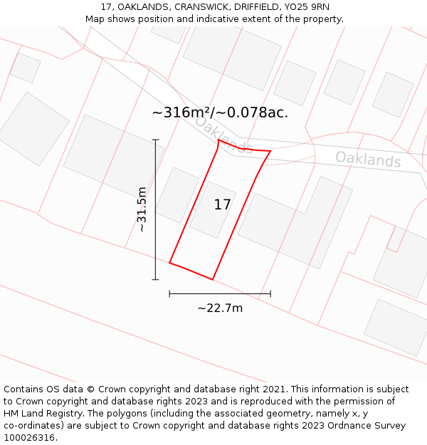 17, OAKLANDS, CRANSWICK, DRIFFIELD, YO25 9RN: Plot and title map