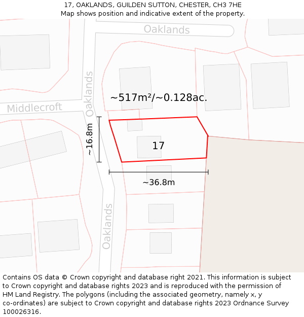 17, OAKLANDS, GUILDEN SUTTON, CHESTER, CH3 7HE: Plot and title map