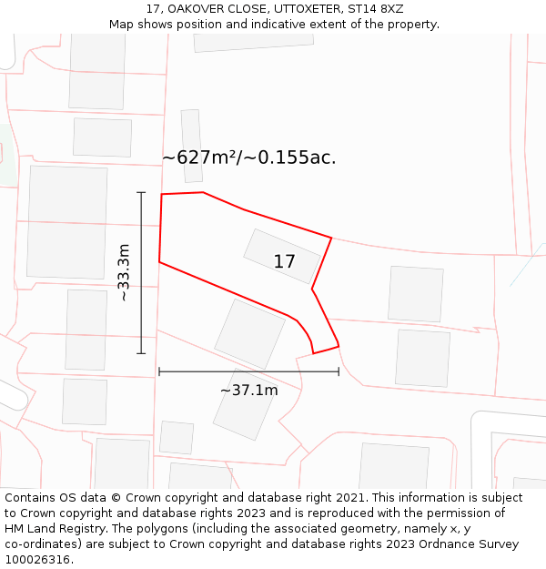 17, OAKOVER CLOSE, UTTOXETER, ST14 8XZ: Plot and title map