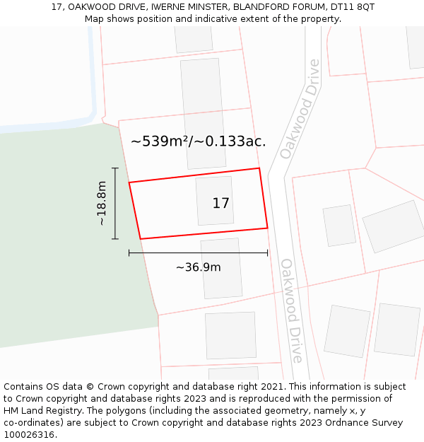 17, OAKWOOD DRIVE, IWERNE MINSTER, BLANDFORD FORUM, DT11 8QT: Plot and title map