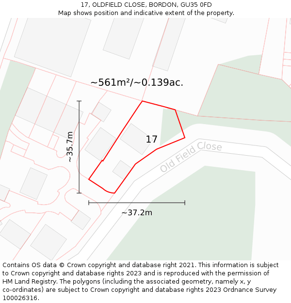 17, OLDFIELD CLOSE, BORDON, GU35 0FD: Plot and title map