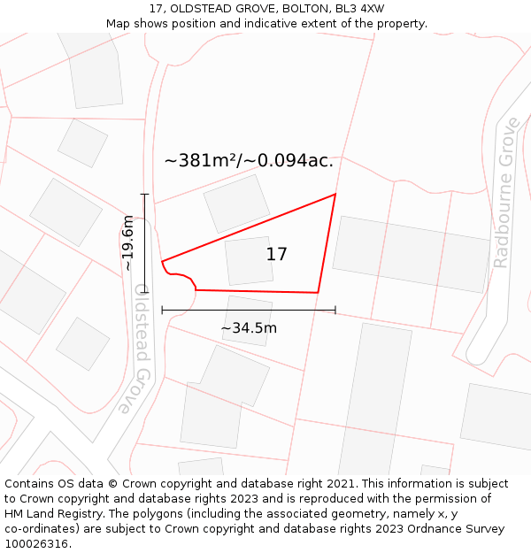 17, OLDSTEAD GROVE, BOLTON, BL3 4XW: Plot and title map