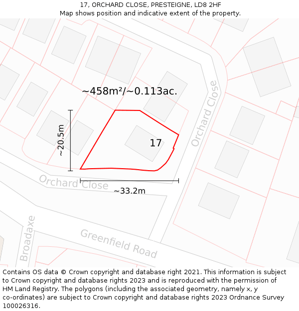 17, ORCHARD CLOSE, PRESTEIGNE, LD8 2HF: Plot and title map