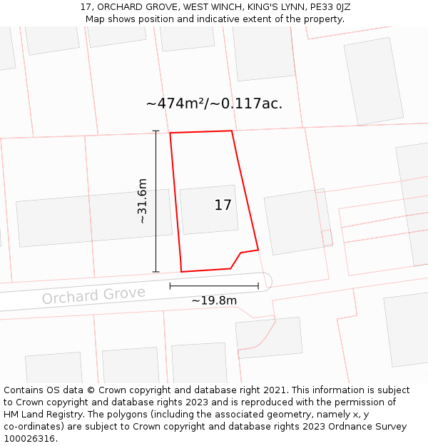17, ORCHARD GROVE, WEST WINCH, KING'S LYNN, PE33 0JZ: Plot and title map
