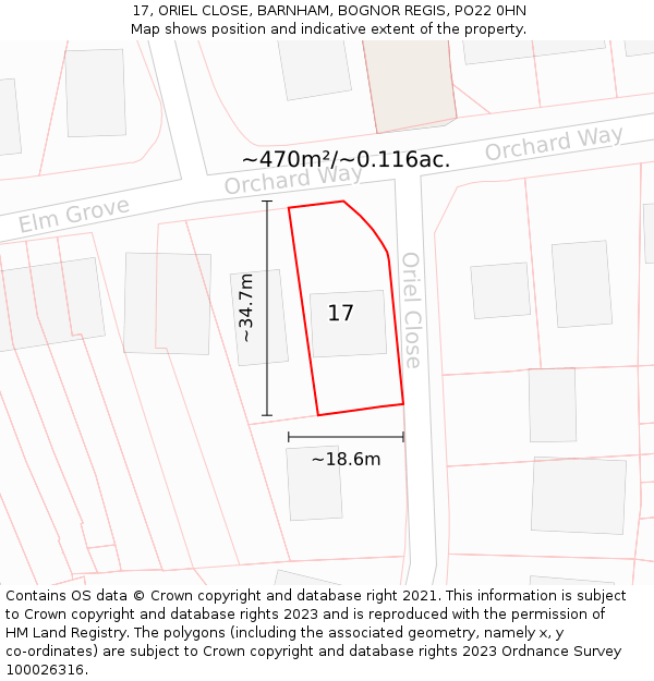 17, ORIEL CLOSE, BARNHAM, BOGNOR REGIS, PO22 0HN: Plot and title map