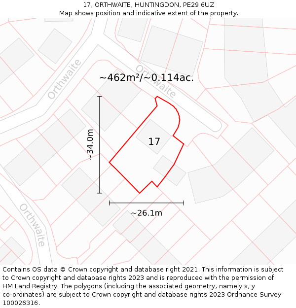 17, ORTHWAITE, HUNTINGDON, PE29 6UZ: Plot and title map