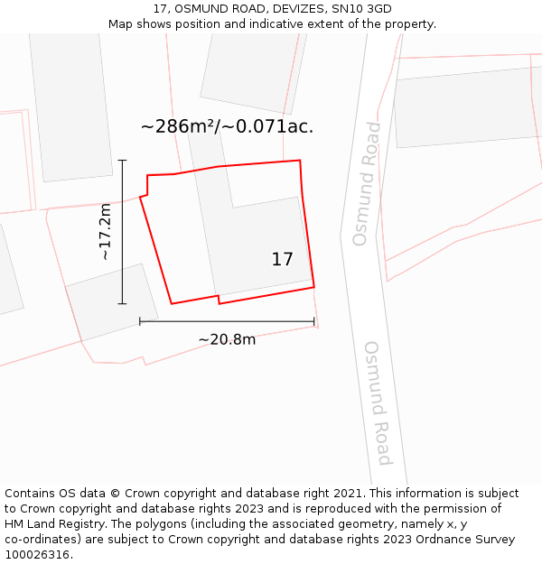 17, OSMUND ROAD, DEVIZES, SN10 3GD: Plot and title map