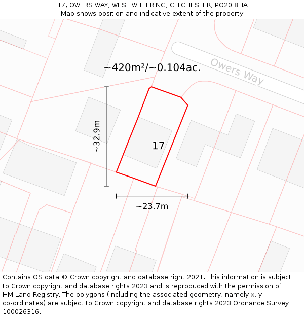 17, OWERS WAY, WEST WITTERING, CHICHESTER, PO20 8HA: Plot and title map