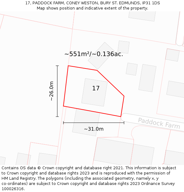 17, PADDOCK FARM, CONEY WESTON, BURY ST. EDMUNDS, IP31 1DS: Plot and title map