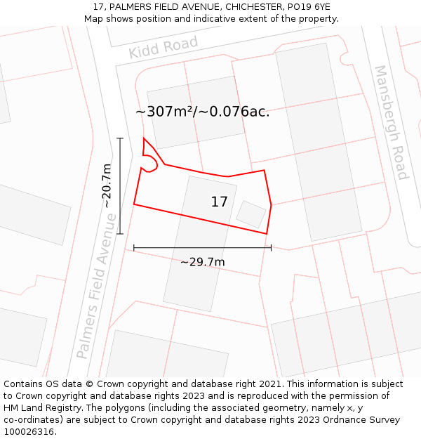 17, PALMERS FIELD AVENUE, CHICHESTER, PO19 6YE: Plot and title map