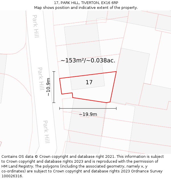 17, PARK HILL, TIVERTON, EX16 6RP: Plot and title map