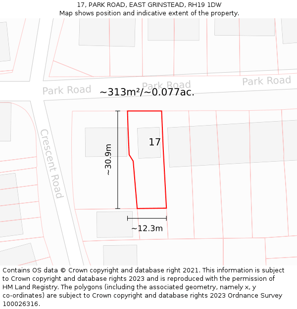 17, PARK ROAD, EAST GRINSTEAD, RH19 1DW: Plot and title map