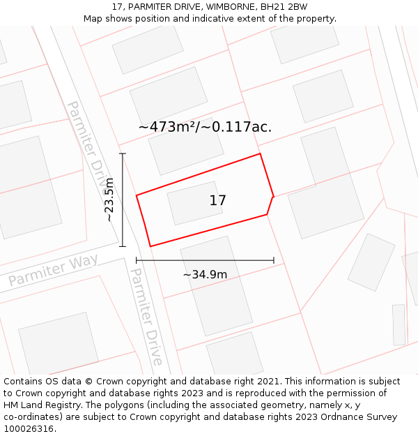 17, PARMITER DRIVE, WIMBORNE, BH21 2BW: Plot and title map