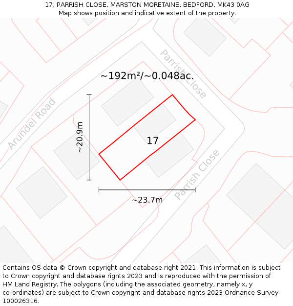 17, PARRISH CLOSE, MARSTON MORETAINE, BEDFORD, MK43 0AG: Plot and title map
