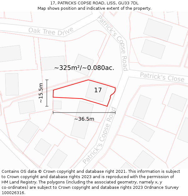 17, PATRICKS COPSE ROAD, LISS, GU33 7DL: Plot and title map