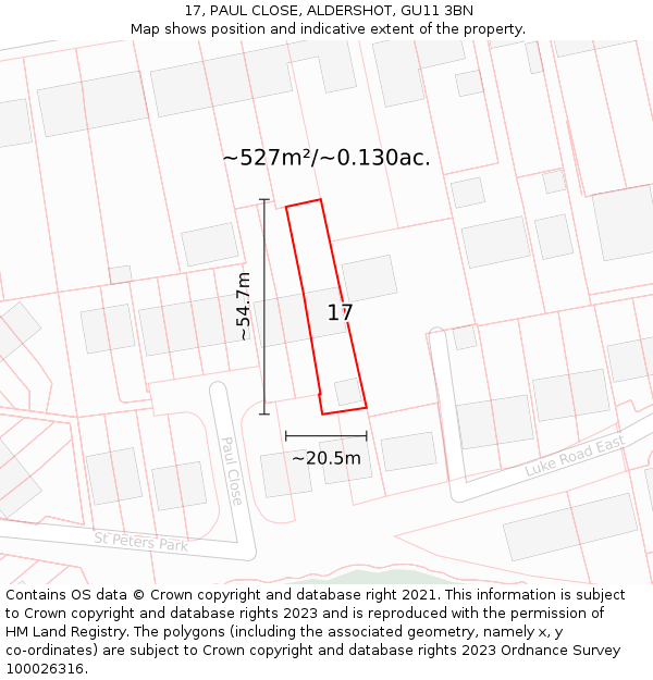 17, PAUL CLOSE, ALDERSHOT, GU11 3BN: Plot and title map