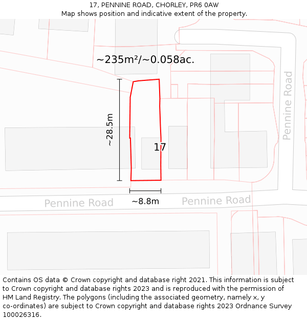 17, PENNINE ROAD, CHORLEY, PR6 0AW: Plot and title map