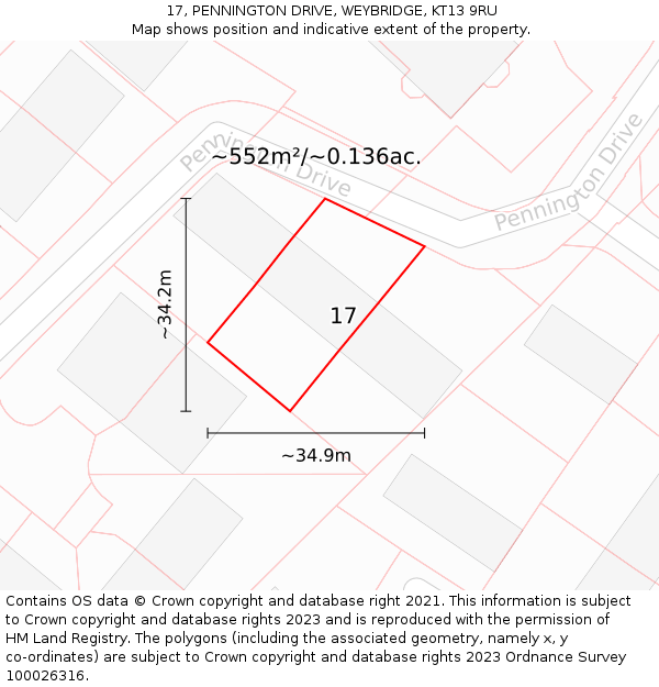 17, PENNINGTON DRIVE, WEYBRIDGE, KT13 9RU: Plot and title map