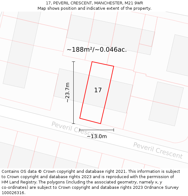 17, PEVERIL CRESCENT, MANCHESTER, M21 9WR: Plot and title map