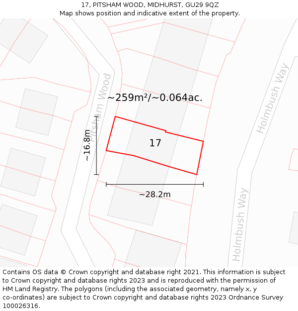 17, PITSHAM WOOD, MIDHURST, GU29 9QZ: Plot and title map