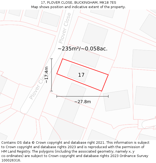 17, PLOVER CLOSE, BUCKINGHAM, MK18 7ES: Plot and title map