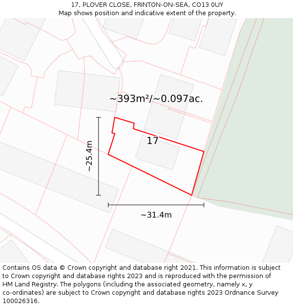 17, PLOVER CLOSE, FRINTON-ON-SEA, CO13 0UY: Plot and title map