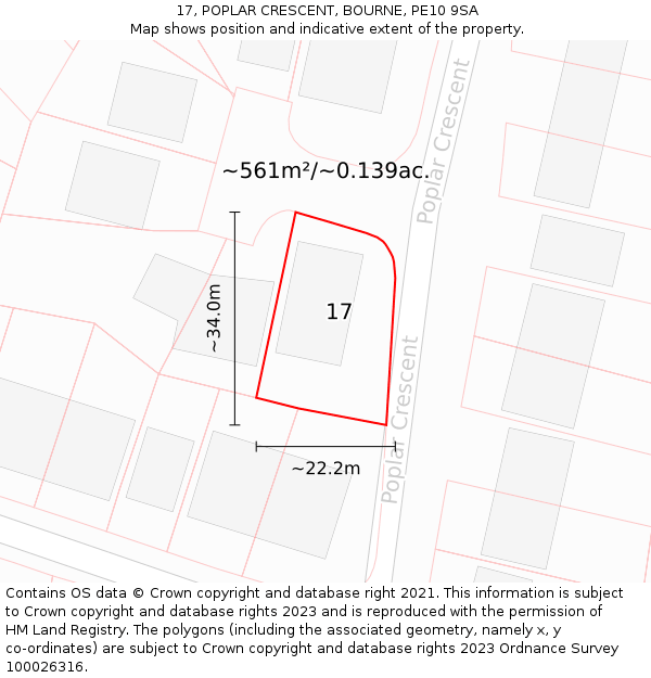 17, POPLAR CRESCENT, BOURNE, PE10 9SA: Plot and title map