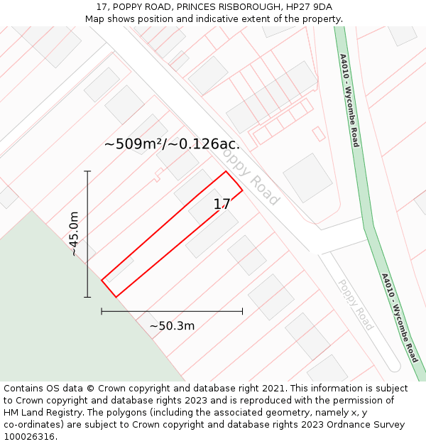 17, POPPY ROAD, PRINCES RISBOROUGH, HP27 9DA: Plot and title map