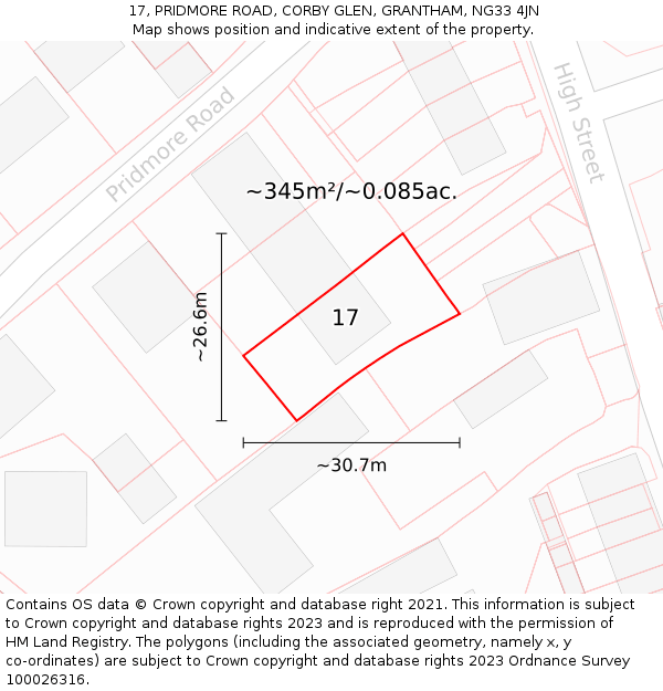 17, PRIDMORE ROAD, CORBY GLEN, GRANTHAM, NG33 4JN: Plot and title map