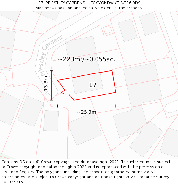 17, PRIESTLEY GARDENS, HECKMONDWIKE, WF16 9DS: Plot and title map