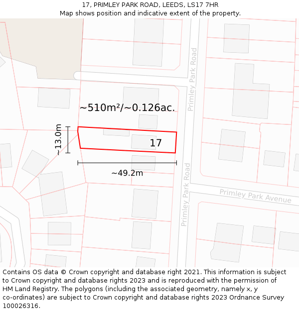17, PRIMLEY PARK ROAD, LEEDS, LS17 7HR: Plot and title map