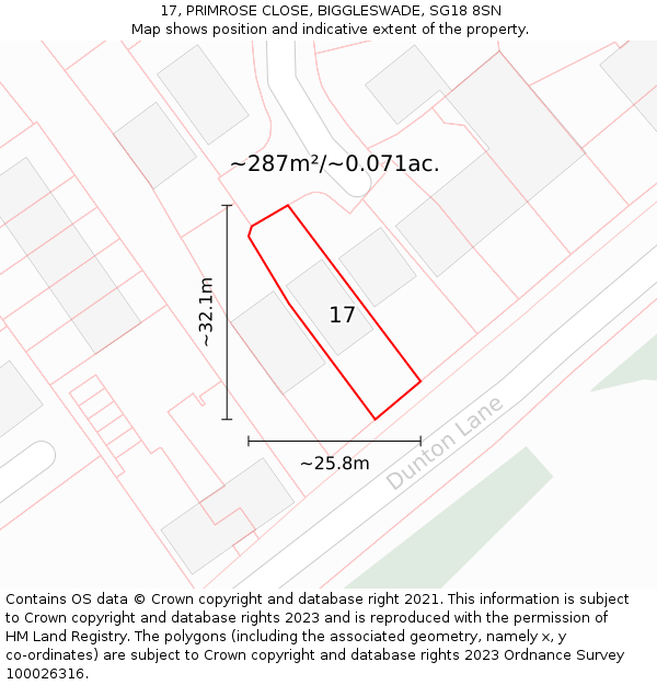 17, PRIMROSE CLOSE, BIGGLESWADE, SG18 8SN: Plot and title map