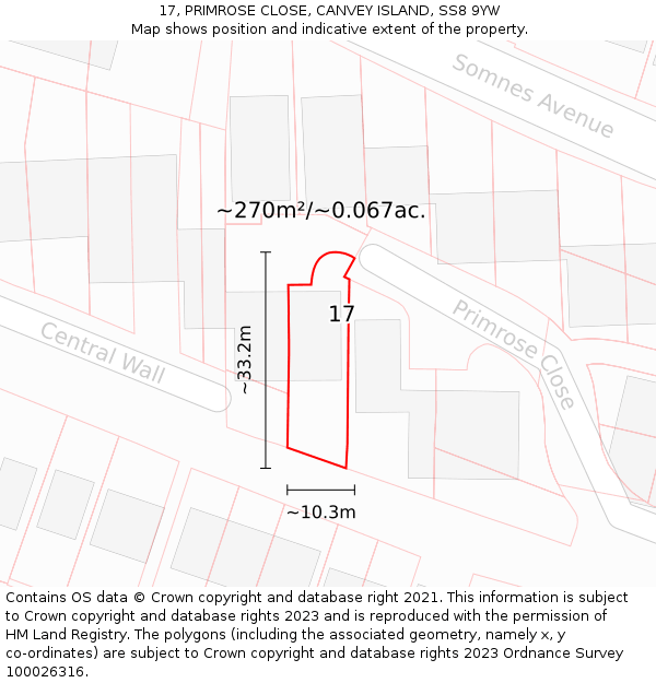 17, PRIMROSE CLOSE, CANVEY ISLAND, SS8 9YW: Plot and title map