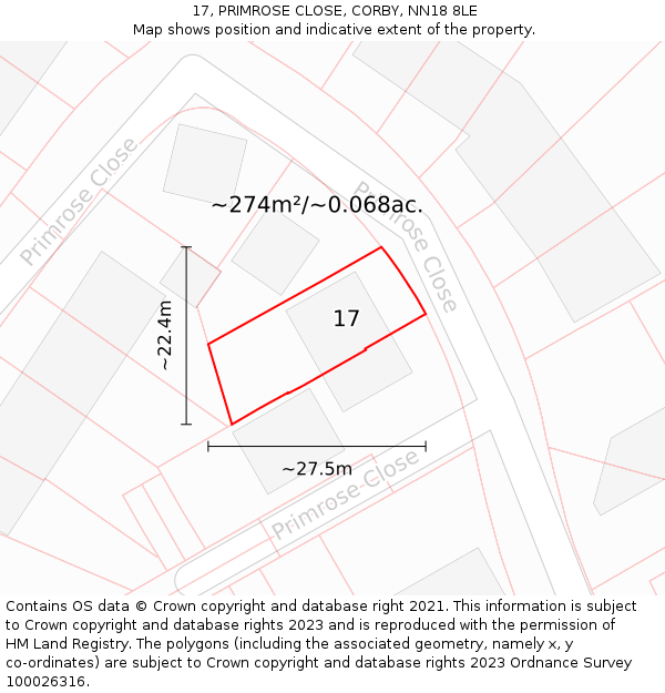 17, PRIMROSE CLOSE, CORBY, NN18 8LE: Plot and title map