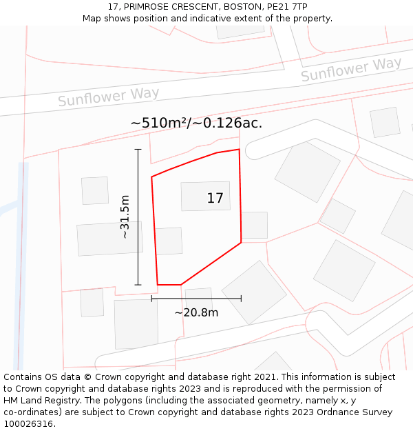 17, PRIMROSE CRESCENT, BOSTON, PE21 7TP: Plot and title map