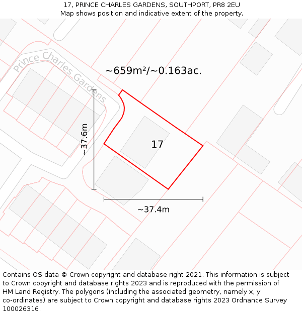 17, PRINCE CHARLES GARDENS, SOUTHPORT, PR8 2EU: Plot and title map