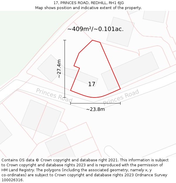17, PRINCES ROAD, REDHILL, RH1 6JG: Plot and title map