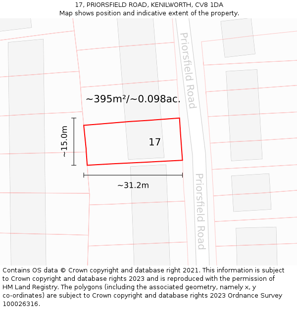 17, PRIORSFIELD ROAD, KENILWORTH, CV8 1DA: Plot and title map