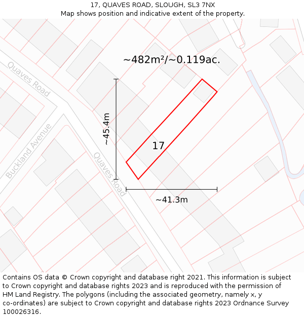 17, QUAVES ROAD, SLOUGH, SL3 7NX: Plot and title map