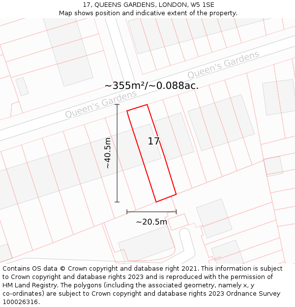 17, QUEENS GARDENS, LONDON, W5 1SE: Plot and title map