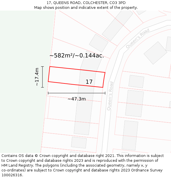 17, QUEENS ROAD, COLCHESTER, CO3 3PD: Plot and title map
