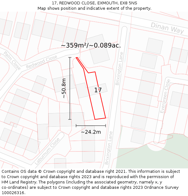 17, REDWOOD CLOSE, EXMOUTH, EX8 5NS: Plot and title map