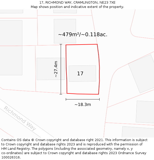 17, RICHMOND WAY, CRAMLINGTON, NE23 7XE: Plot and title map