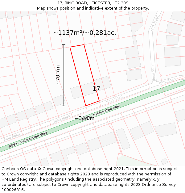 17, RING ROAD, LEICESTER, LE2 3RS: Plot and title map