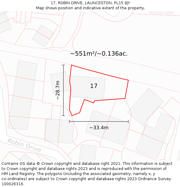 17, ROBIN DRIVE, LAUNCESTON, PL15 9JY: Plot and title map