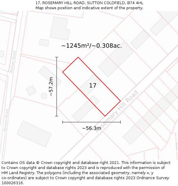 17, ROSEMARY HILL ROAD, SUTTON COLDFIELD, B74 4HL: Plot and title map