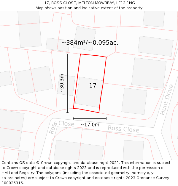 17, ROSS CLOSE, MELTON MOWBRAY, LE13 1NG: Plot and title map